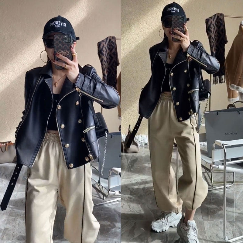 European Station Dermis Leather Clothing Female Short leather jacket 2021 New locomotive clothes high-end imported sheep leather Outer cover