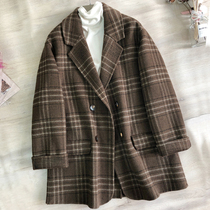 2021 spring Plaid double-sided cashmere coat womens short double-sided suit Hepburn loose woolen jacket