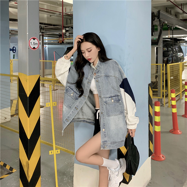 VK旗艦店 韓國風設計感撞色寬鬆BF拼接復古牛仔單品外套
