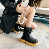  Thick-soled heightening leather Martin boots womens 2021 new big head lace-up motorcycle boots fried street booties spring and autumn single boots