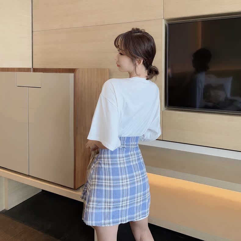 VK旗艦店 韓國風字母T格子披肩套裝短袖裙裝