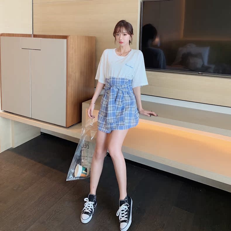 VK旗艦店 韓國風字母T格子披肩套裝短袖裙裝