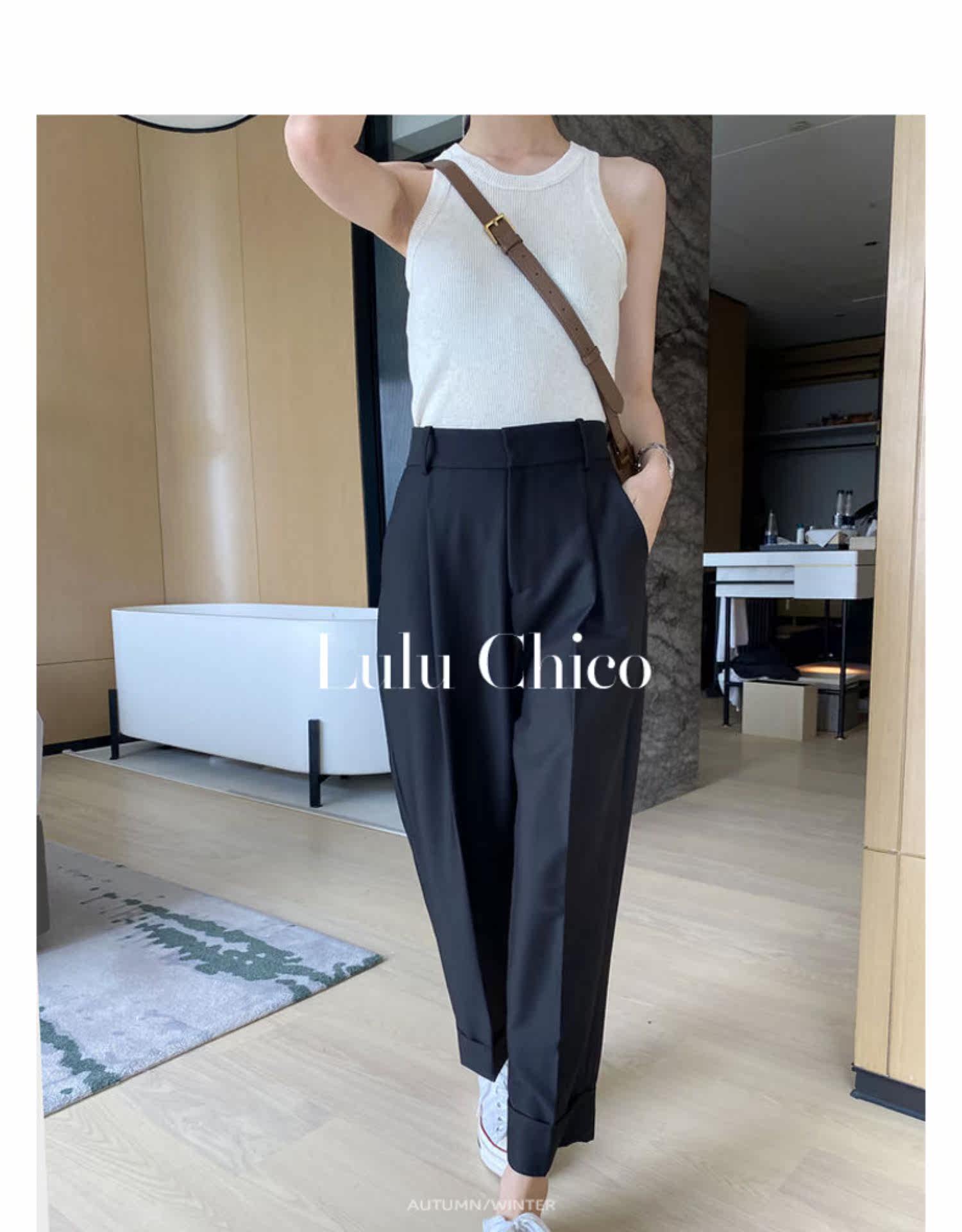 Black high-waisted straight-leg suit pants for women in the autumn of 2022, petite loose fringed 9-inch casual pants for women pic 5
