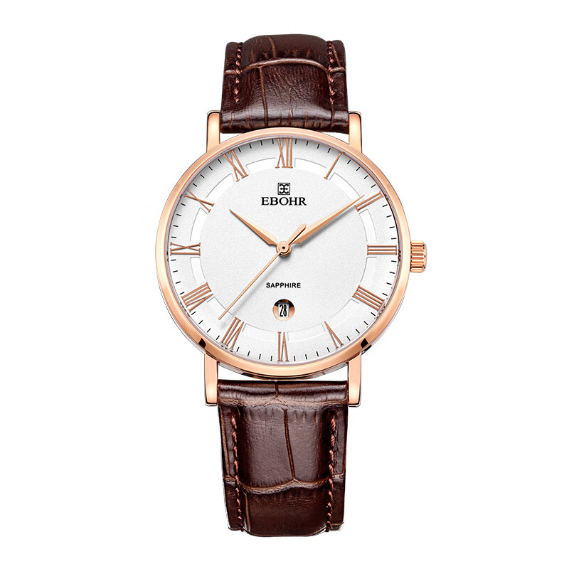 依波（EBOHR）石英机芯 大师系列 日历防水牛皮表带白盘男表 36000234