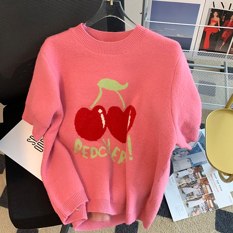 Cherry Knit Sweet Petite Design Loose Round Neck Fashionable Age-Reducing Short-Sleeved Sweater for Women Early Autumn New Trend