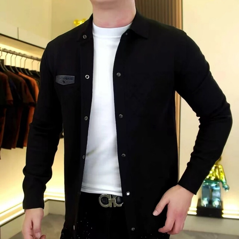 European-Style Light Luxury Autumn New Men's Black Collared Button-Up Knit Cardigan Jacket, Fashionable and Versatile Top