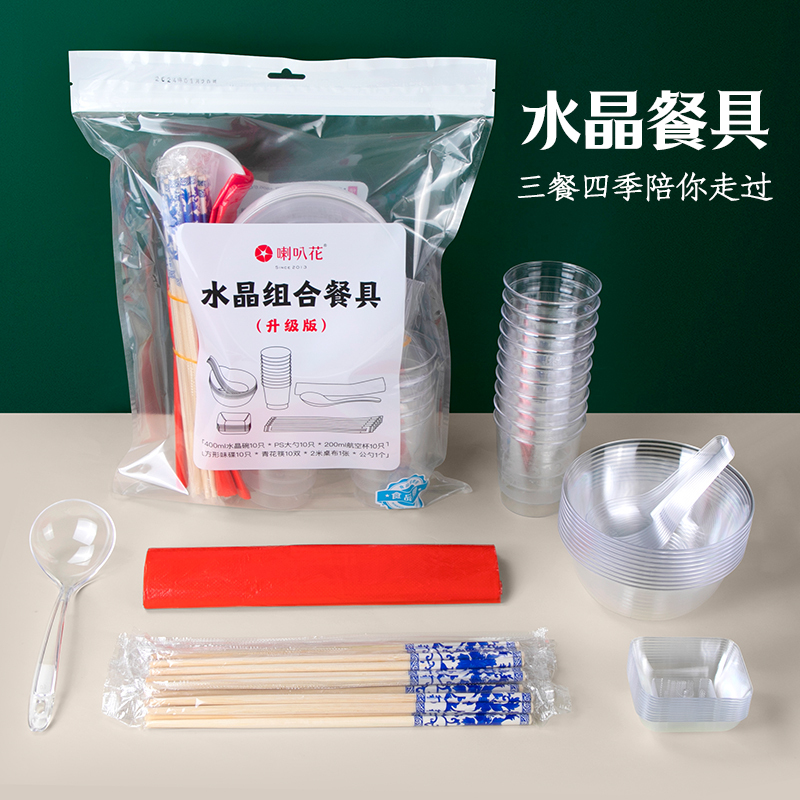 Wedding Banquet Disposable Aviation-Grade Plastic Crystal Ten-Piece Set Hard Plastic Tableware for Dinner Party Barbecue Picnic Spring Outing