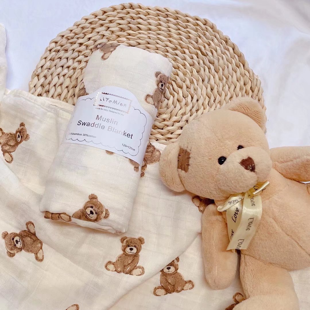 ins new baby bamboo cotton gauze towel baby double gauze bath towel wrap towel cute bear pattern swaddling towel