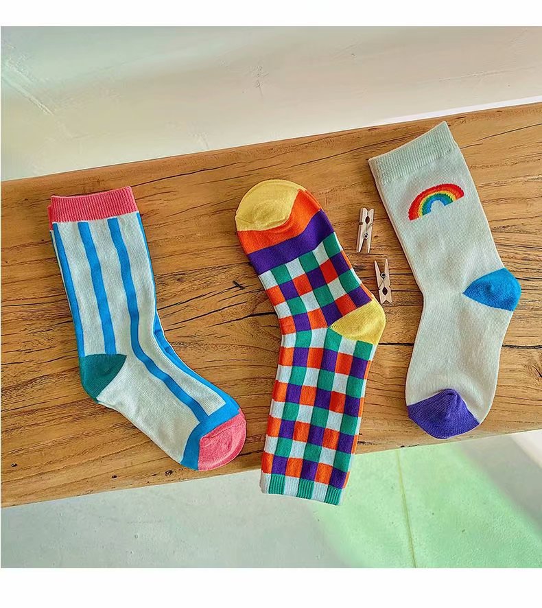 Korean Version Children Socks Plaid Vertical Stripe Rainbow Child Socks Baby Socks