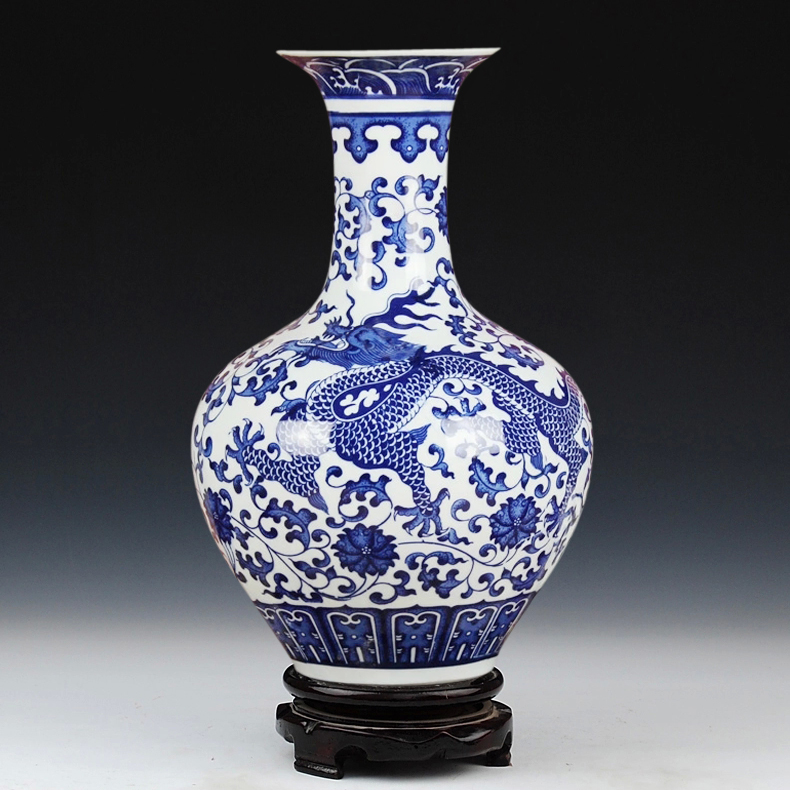 景德鎮陶瓷器仿古青花瓷花瓶釉下龍紋賞瓶現代家居客廳裝飾擺件