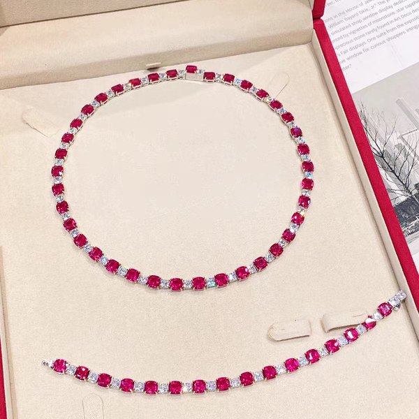 Cumee Full-Set Classic Evening Jewelry Set Cultivated Synthetic Ruby Bracelet Necklace. Silver Gold Plated