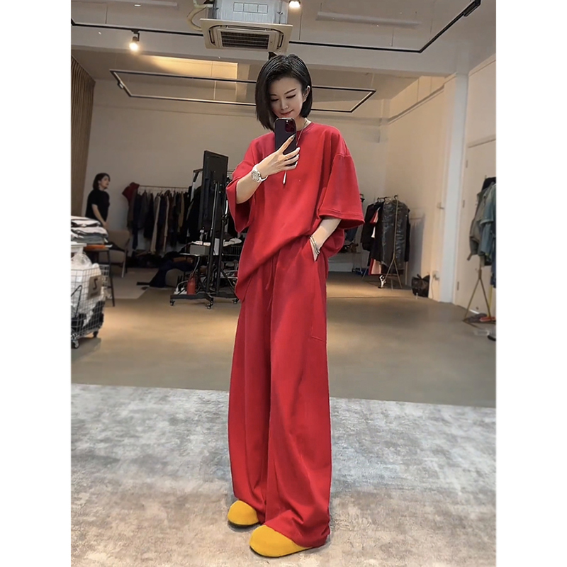 Lazy Casual Sports Suit for Women, Summer 26 New Style, Korean Version, Loose and Fashionable Short-Sleeved Top, Wide-Leg Pants Two-Piece Set