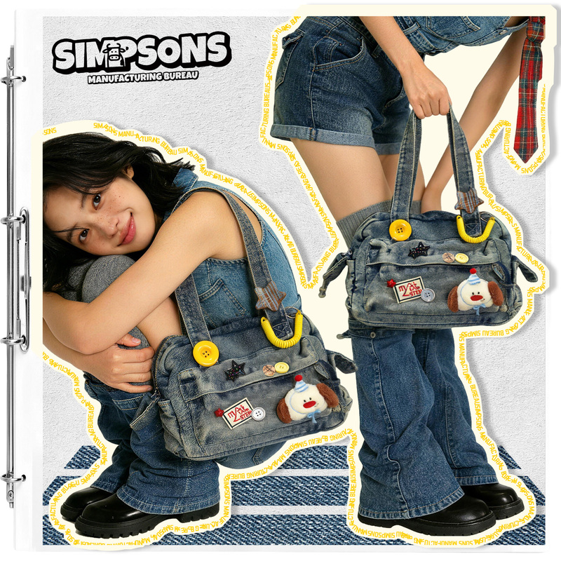 Sims Original Retro Denim Boston Tote Bag for Girls, Large Capacity Bag with Cute Cartoon Design, Shoulder Bag