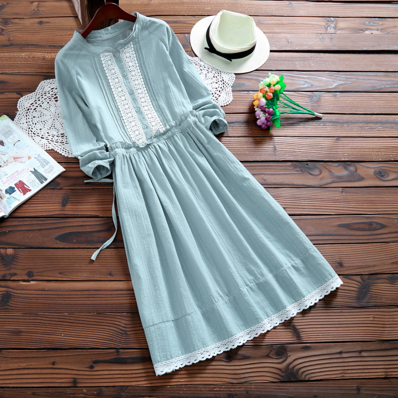 文艺范小清新2018春装新款蕾丝花边棉麻长袖连衣裙系带收腰中长裙