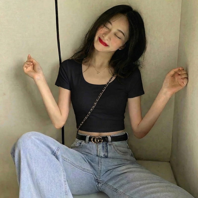 Black U-Neck Short-Sleeved T-Shirt for Women, Summer Pure Cotton, Petite Hot Girl Tight-Fitting High-Waisted Crop Top, 2026 New Style