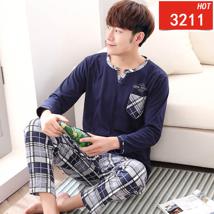 Bộ đồ ngủ nam dài tay mùa thu cotton dịch vụ gia đình bộ XL cotton trung niên bộ đồ ngủ giản dị bộ đồ ngủ đồ ngủ nam mùa đông