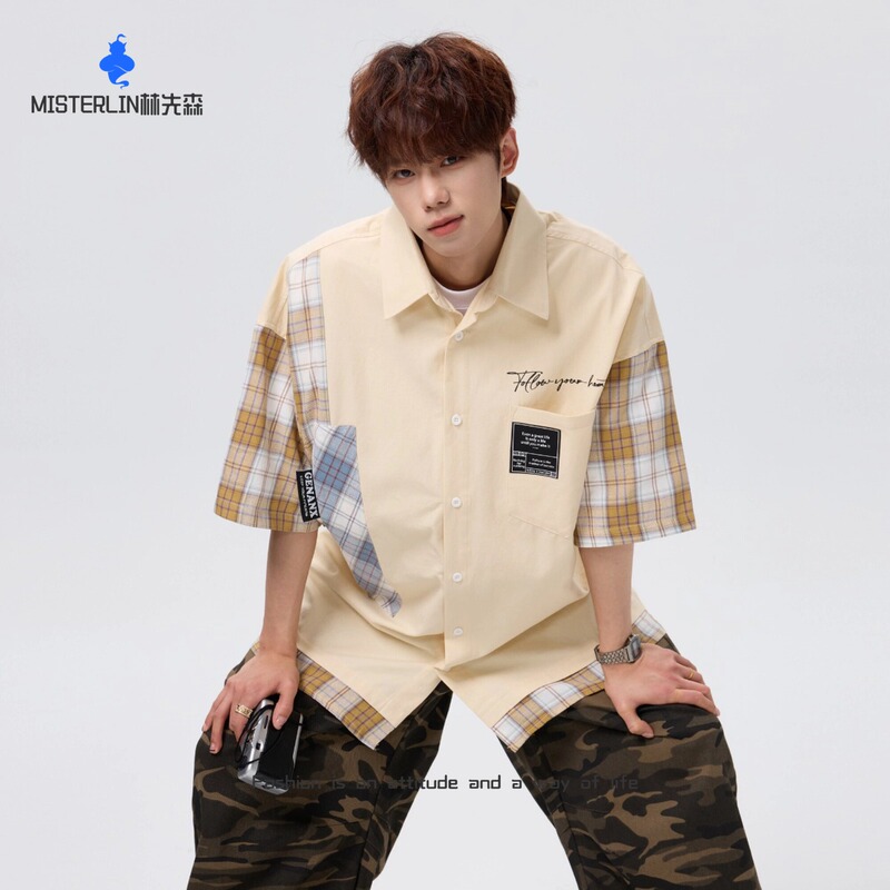 Misterlin丨Hong Kong Style Patchwork Short-Sleeved Shirt for Men, New Summer Loose Trendy Brand Turn-Down Collar Shirt Misterlin丨Hong Kong Style Patchwork Short-Sleeved Shirt for Men, New Summer Loose Trendy Brand Turn-Down Collar Shirt