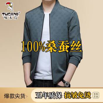 Woodpecker mulberry silk spring and autumn thin jacket for young and middle-aged men with baseball collar men's jacket dad jacket top