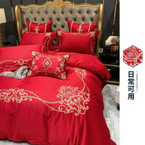 Simple daily usable wedding bedding four-piece wedding pure cotton newlywed quilt Hi quilt big red wedding room