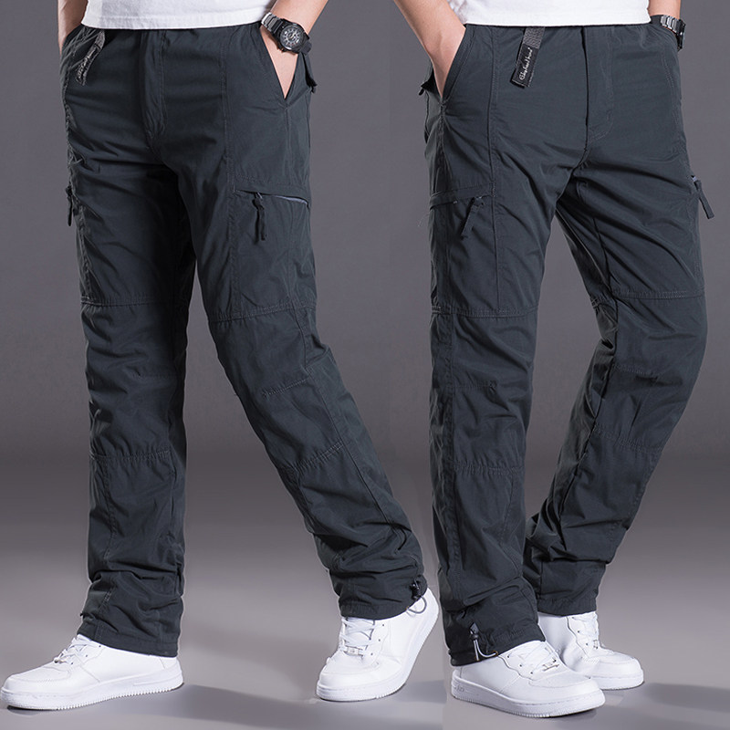 Winter plus velvet thickened casual cotton trousers multi-pocket outdoor overalls trousers men's trousers plus fat plus size loose winter trousers