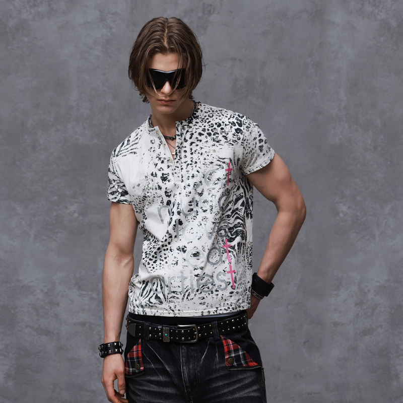 Antidote Coolmax Quick-Drying Tiger Pattern Silver Letter Text Henry Collar T-Shirt Short Sleeves Antidote Coolmax Quick-Drying Tiger Pattern Silver Letter Text Henry Collar T-Shirt Short Sleeves
