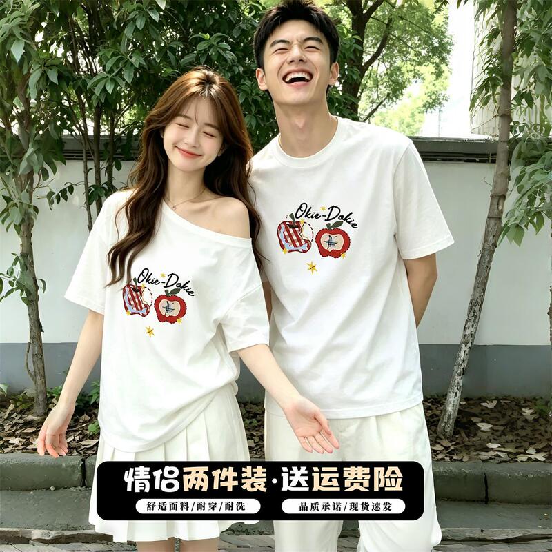 Hot Girl Sexy One-Shoulder Short-Sleeve T-Shirt Couple Outfit 2026 New Style Off-Shoulder Summer Printed Apple Top