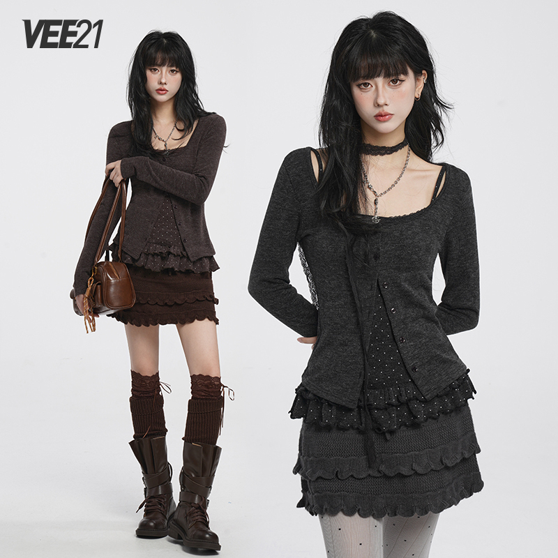 Vee21 Gray Polka Dot Knit Cardigan Jacket with Camisole Top Set, Vintage Daily Outfit, Japanese Sweet Girl Style