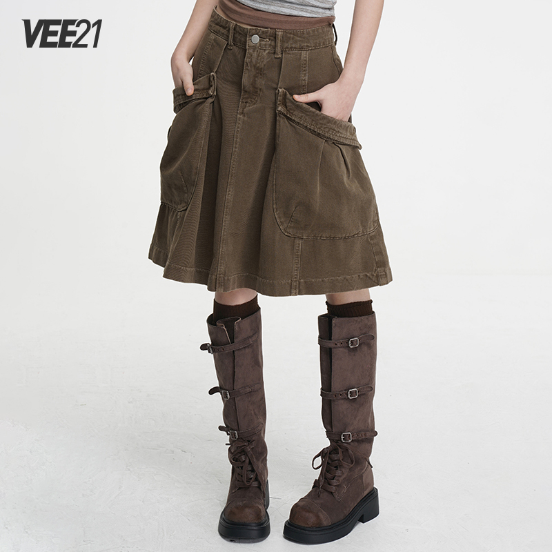 Vee21 Large Pocket Brown Denim Skirt A-Line Skirt Workwear Skirt Japanese Style Outfit Girly Sweet Girl Mini Skirt