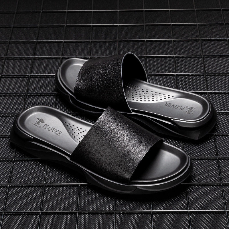 Flip flop men's genuine leather outerwear simple personality trend Korean version non-slip wear-resistant casual top layer cowhide home slippers