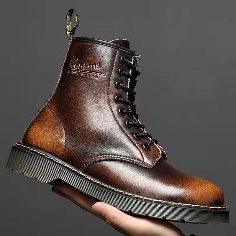 Martin boots men's leather Korean version plus velvet trendy men's boots autumn casual tooling boots British black high-top men's shoes winter