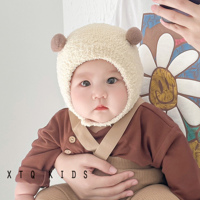 Baby hat autumn winter small moon age cute super cute warm men and women baby protective ear plush cover headcap pure color tide-Taobao