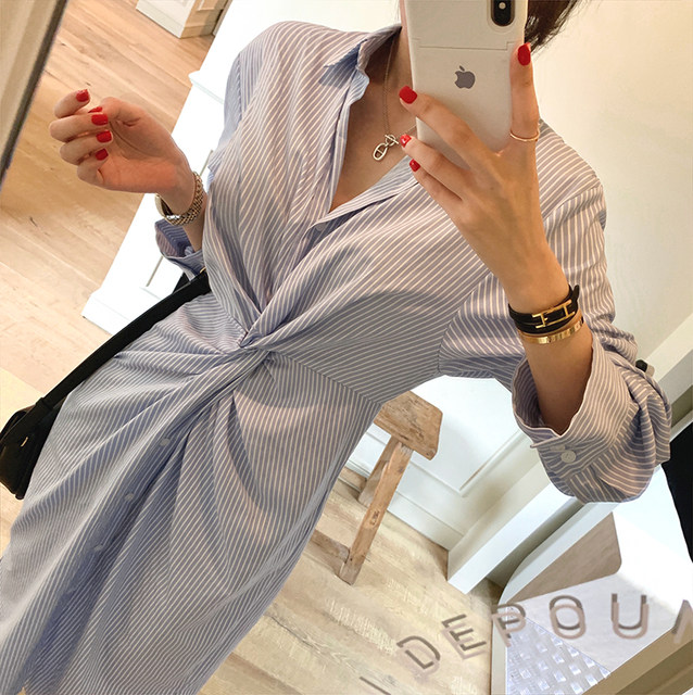 Korean chest pleats cross stripe dress women loose lapel waist temperament all-match slit shirt skirt trendy