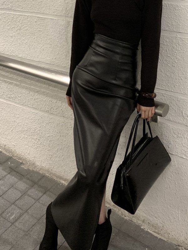 Black Pu Leather Skirt, Women's Spring New High-Waisted Slimming Sexy Mid-Length Slit Hip-Hugging Skirt
