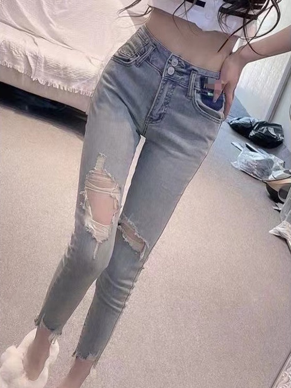Ripped Jeans for Women 2026 Summer New Style Skinny Pants High-Waisted Stretchy Slim Fit Height-Enhancing Slimming Cropped Pencil Pants
