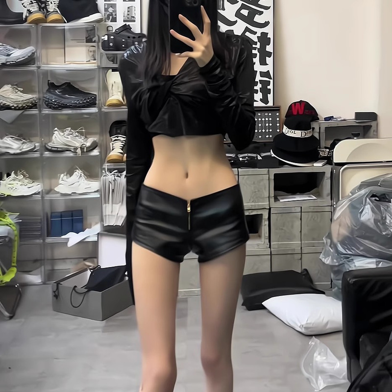 Hot Girl Sexy Outfit Melard Y2K Simple Low-Waist Shorts Women's New Hip-Hugging Pu Leather Ultra-Short Pants Boot Shorts Trendy