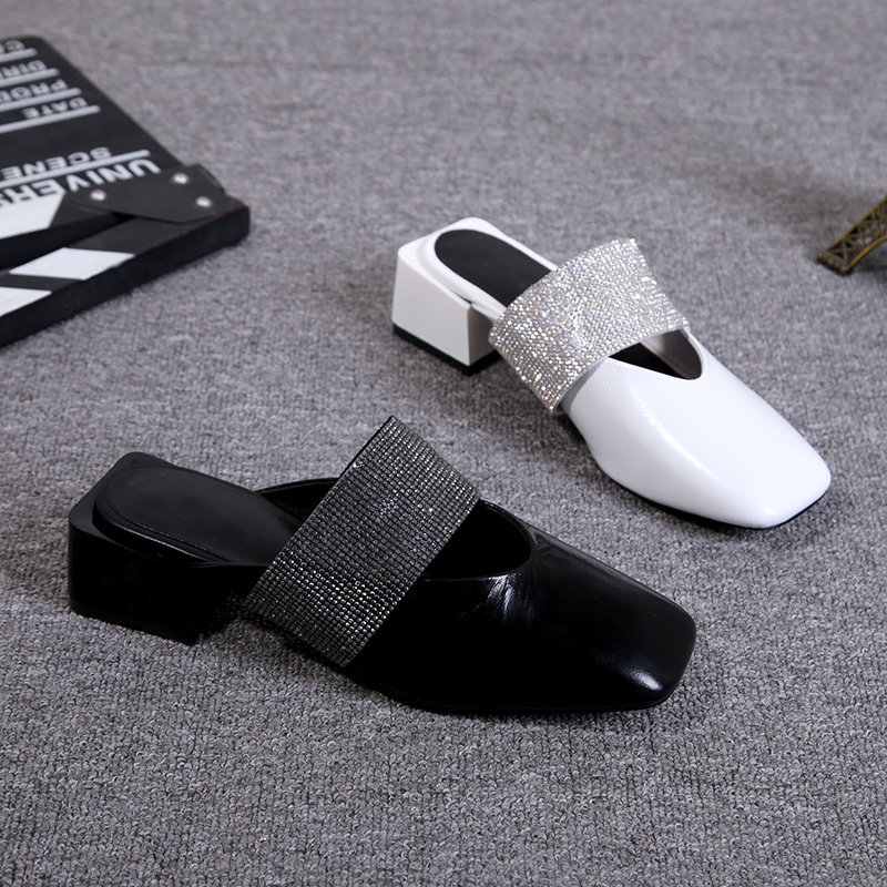 European and American 2022 Summer new genuine leather coarse and lazy person Baotou Female slippers Water drill square head outer wearing with half slippers