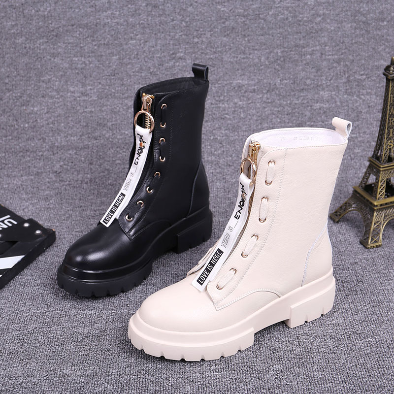 European station 2022 winter new single boots front zipper Martin boots women's thick bottom leather motorcycle boots tide short boots winter
