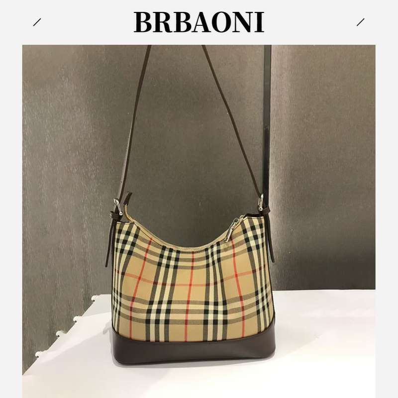 Brbaoni Shoulder Bag Women's Crossbody Bag Cowhide Leather with Canvas 2026 Autumn and Winter New Style Accessible Luxury Plaid Women's Bag