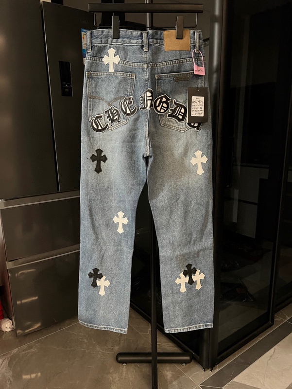 High-Quality Trendy Brand Patchwork Sanskrit Cross Distressed Washed Light Blue Jeans Men's Loose Straight-Leg Pants Versatile