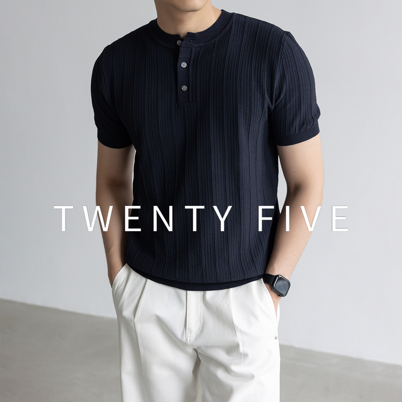 Twenty Five Henry Collar Knitted T-Shirt Men's Short-Sleeved Summer Breathable Ribbed Business Casual Top