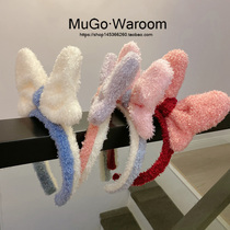 MuGo Korean cute girly heart contrasting color bow plush headband washing face mask home photo hair accessories