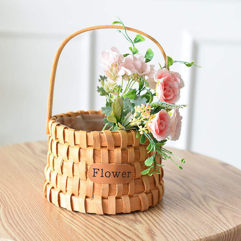 Handmade flower basket rattan woven wood chips decorated handmade bamboo woven flower children gift small blue fruit basket bamboo basket