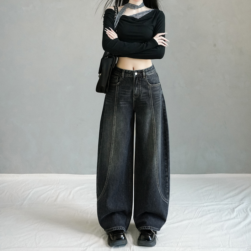 Blue-Gray Curved Straight-Leg Jeans for Women, Popular Style, 2026 Spring New High-Waisted Loose Slimming Patchwork Wide-Leg Pants