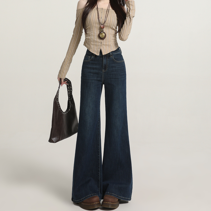 Dark Blue Bootcut Jeans for Women, Popular 2026 New Style, High-Waisted, Loose, Spring and Summer, Stretchy, Slimming Flared Pants