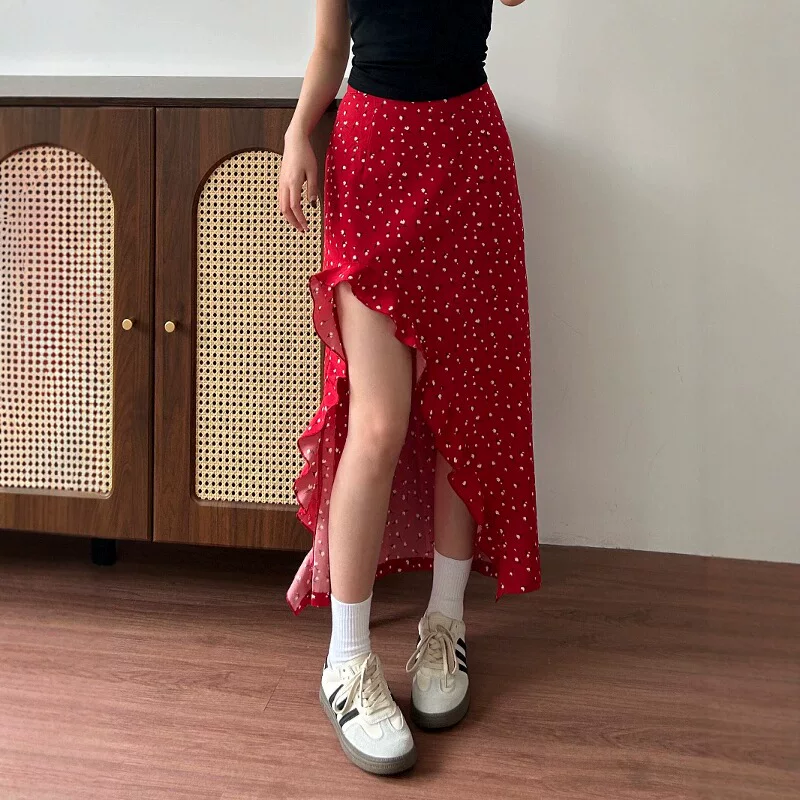 Red long skirt, flowered, plus size, mid-length, A-line