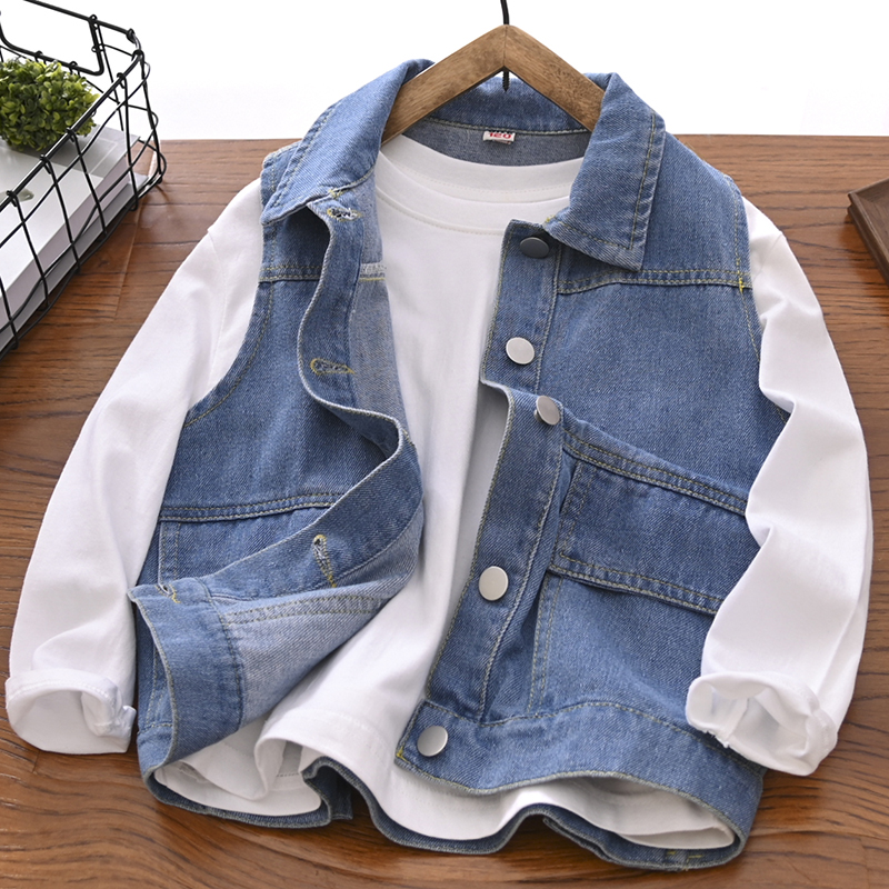 ボーイズデニムベスト春と秋2025ミディアムとラージボーイズアウターウェアウォッシュソフト万能子供服カジュアルベスト