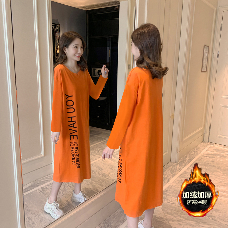 Autumn and Winter Fleece-Lined Warm Dress for Women, Over-The-Knee Long Dress, Loose Plus-Size Long Nightgown, Korean Home Sleepwear