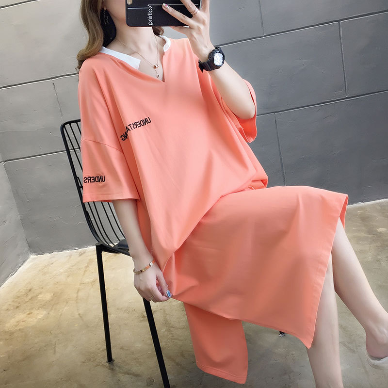 Summer Korean V-Neck Slit Mid-Length Dress for Plus-Size Women, Loose Oversized Casual Over-The-Knee T-Shirt Dress Trendy