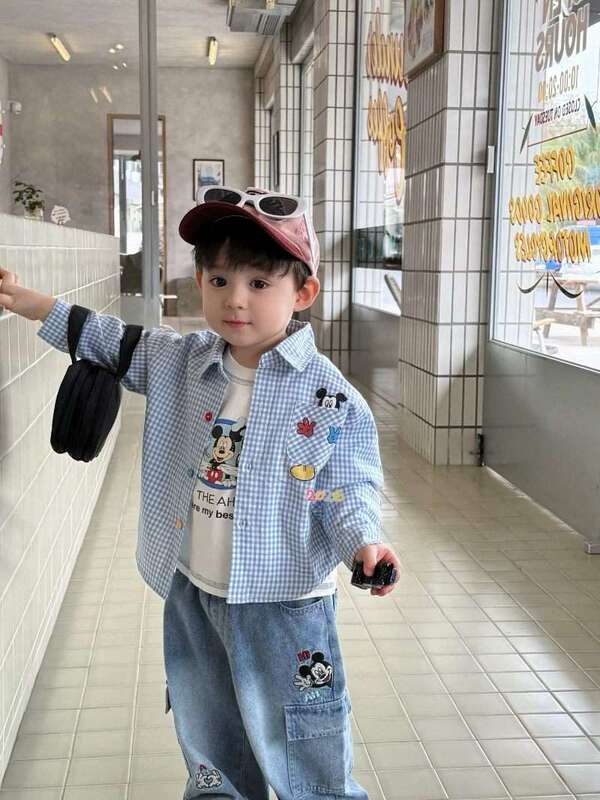 Gray Wings 26 Spring New Collection Boys' Mickey Long Sleeve Shirt Base Layer Jeans Set