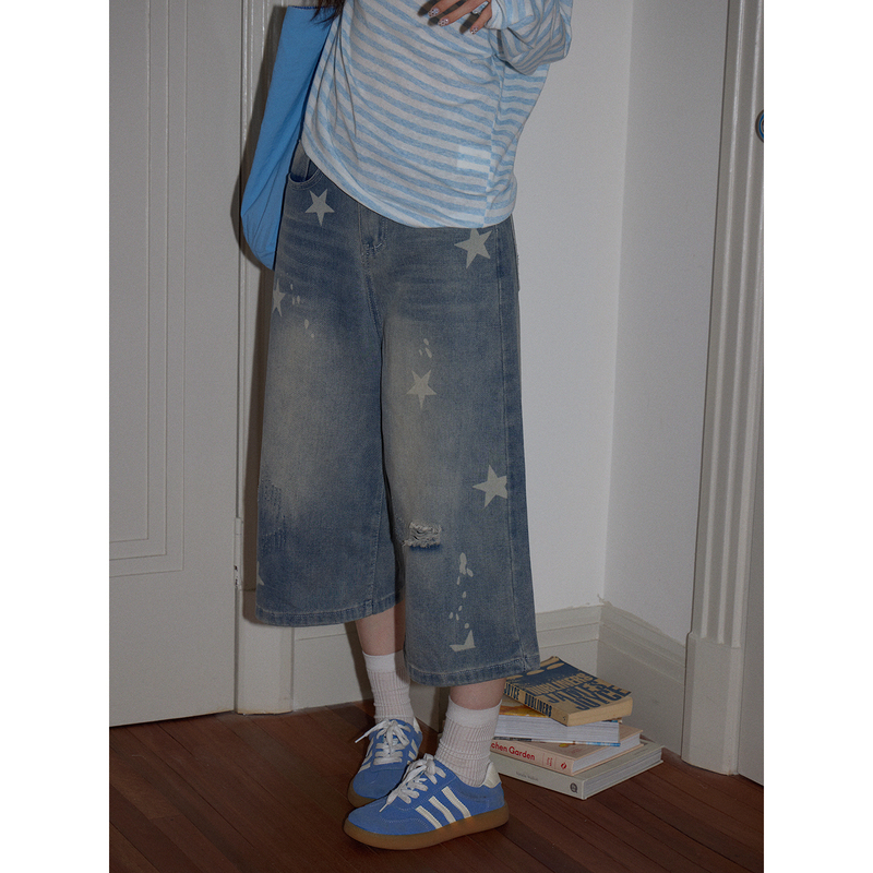 Cha Cha Jia Blue Starry Sky Straight-Leg Jeans for Women, Summer Loose Wide-Leg Cropped Pants, Casual Mid-Length Pants Cha Cha Jia Blue Starry Sky Straight-Leg Jeans for Women, Summer Loose Wide-Leg Cropped Pants, Casual Mid-Length Pants